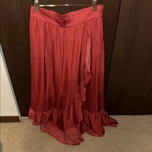 Elle Orange Red Trumpet Maxi Skirt with Ruffled High-Low Design